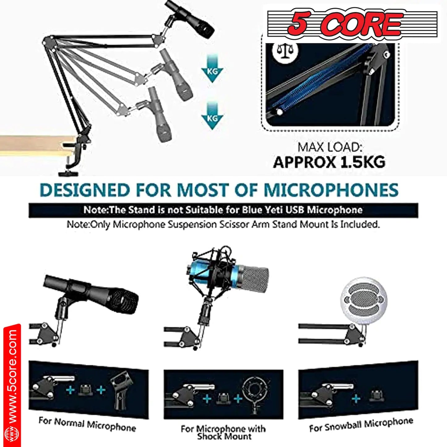 5Core Microphone Stand  Suspension Desk Scissor Boom Arm  w Shock Mount  Dual Layer Pop Filter
